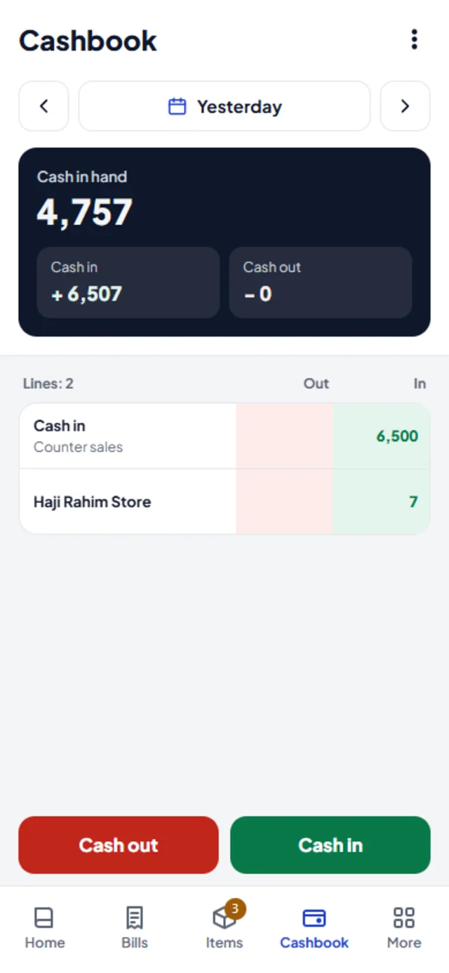 Cashbook with cash in hand and the day's cash in and out