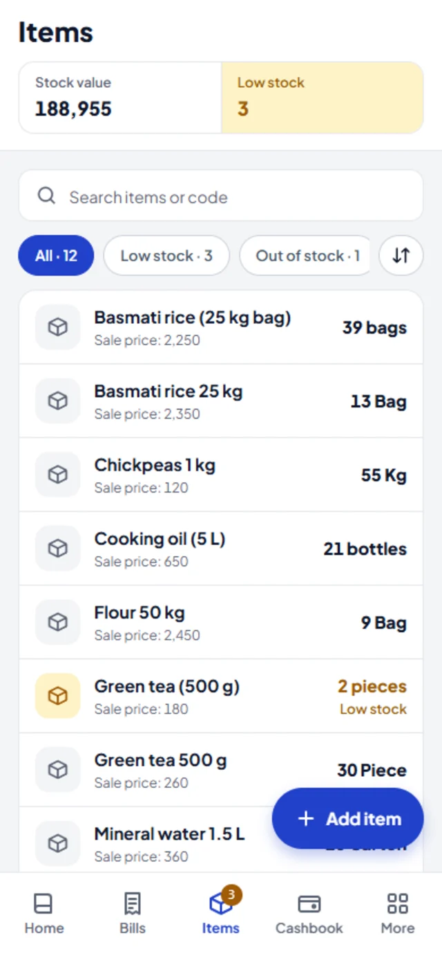 Items with stock levels and low-stock warnings