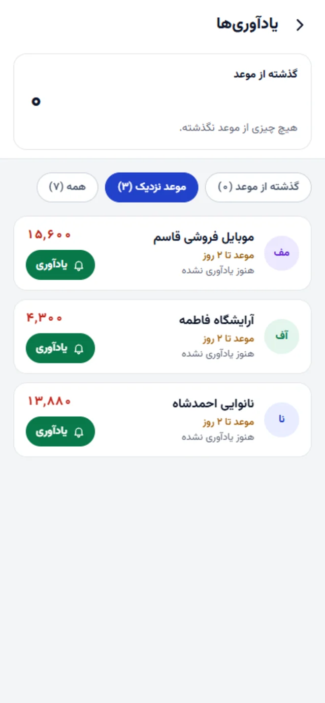 یادآوری‌ها با فهرست مشتریانی که موعدشان نزدیک است