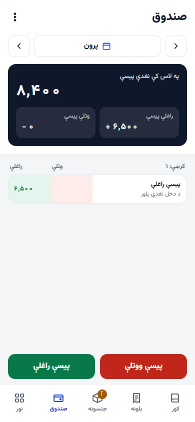 صندوق په لاس کې نغدو پیسو او د ورځې راغلو او وتلو پیسو سره